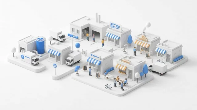 Écosystème de commerces et d'activités reliés par un réseau bleu, illustration des systèmes accompagnés par Leka